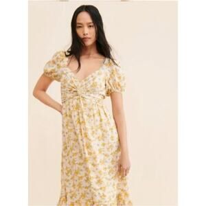ASTR The Label Yellow Twist Bust Tie Back Midi Dress Puff Sleeve Size M Brunch
